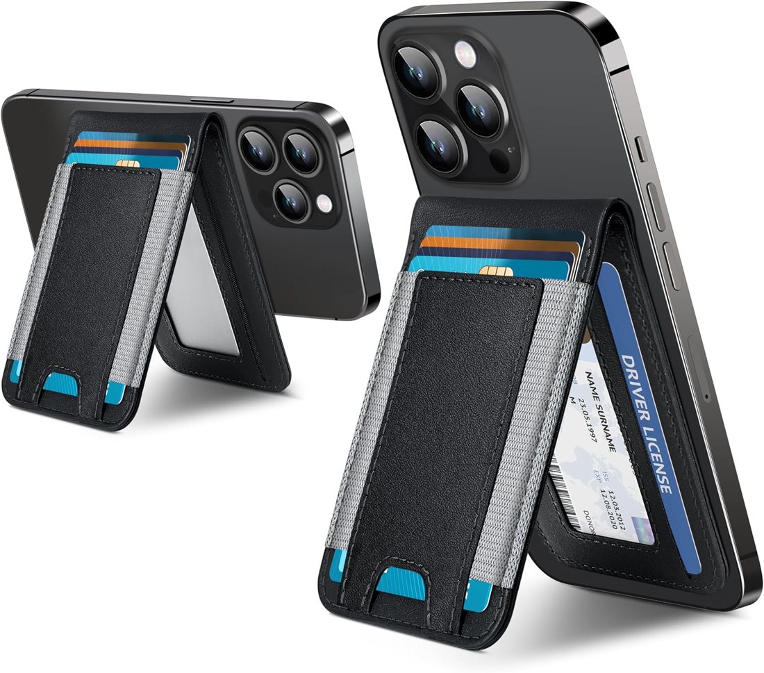 ExtreLife magnetic wallet stand holding an iPhone